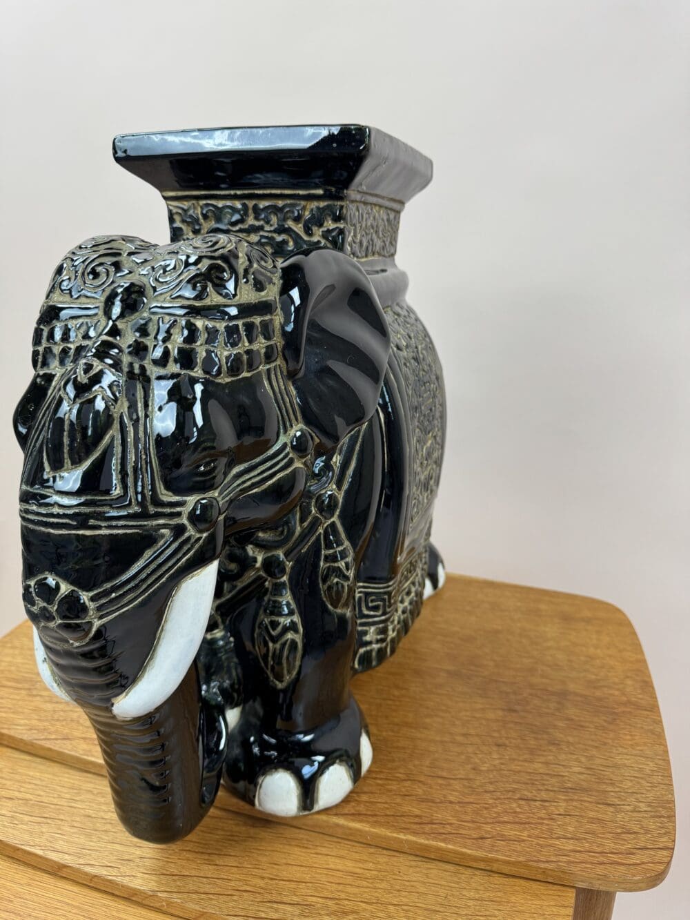Pair of Vintage Ceramic Elephant Garden Stools – Glossy Black Oriental Style
