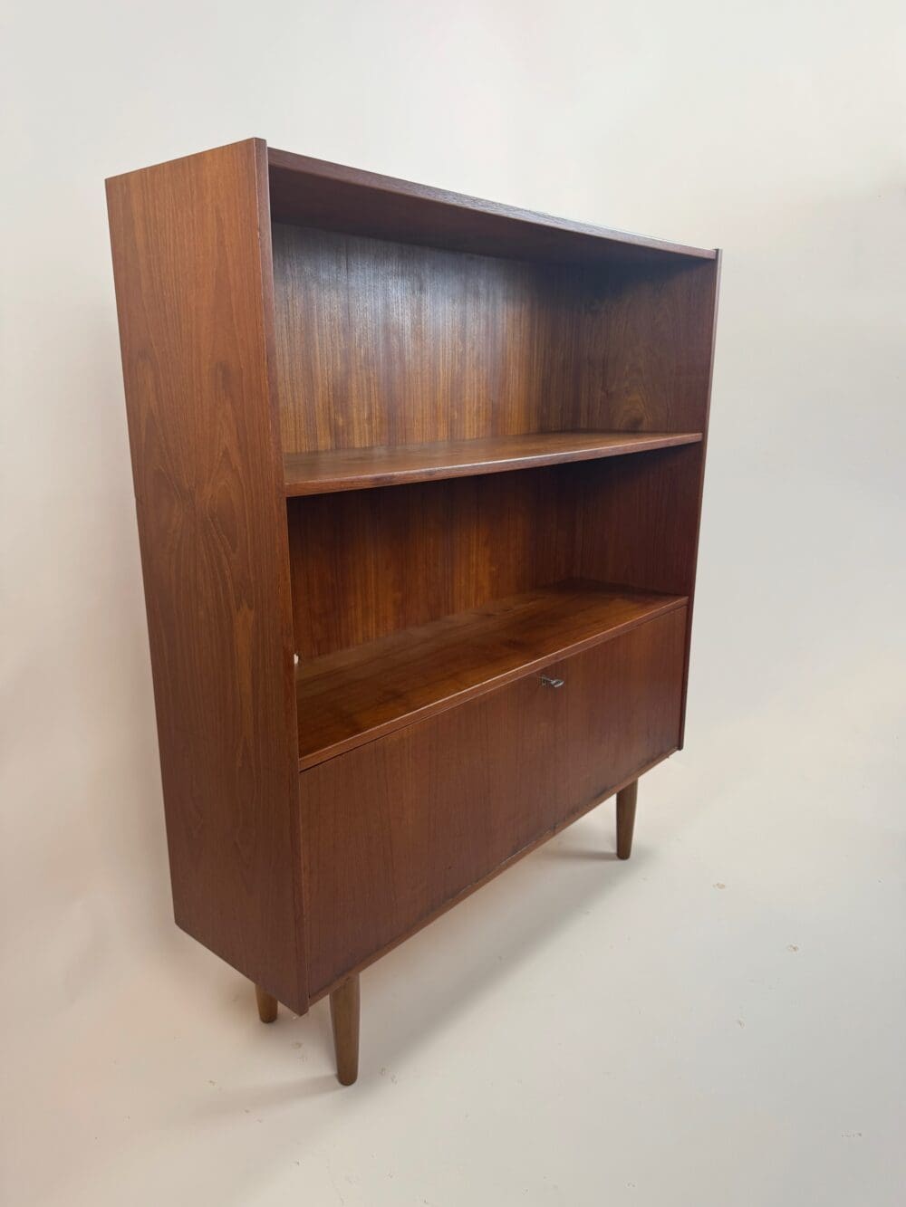 Mid-Century Teak Bookcase with Drop-Down Cabinet – Scandinavian Simplicity