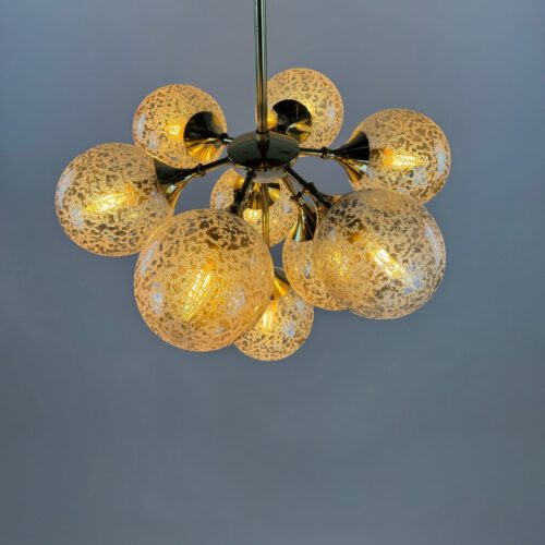 Stunning 1970s Brass & Amber Bubble Glass Chandelier – Space Age Elegance