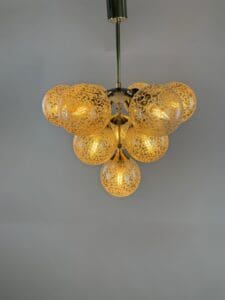Stunning 1970s Brass & Amber Bubble Glass Chandelier – Space Age Elegance