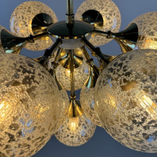 Stunning 1970s Brass & Amber Bubble Glass Chandelier – Space Age Elegance