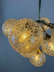 Stunning 1970s Brass & Amber Bubble Glass Chandelier – Space Age Elegance