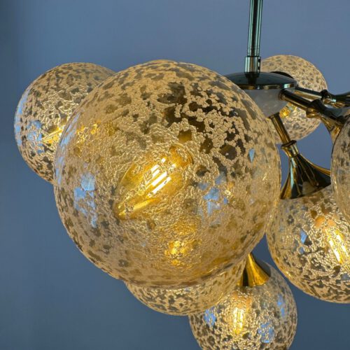 Stunning 1970s Brass & Amber Bubble Glass Chandelier – Space Age Elegance