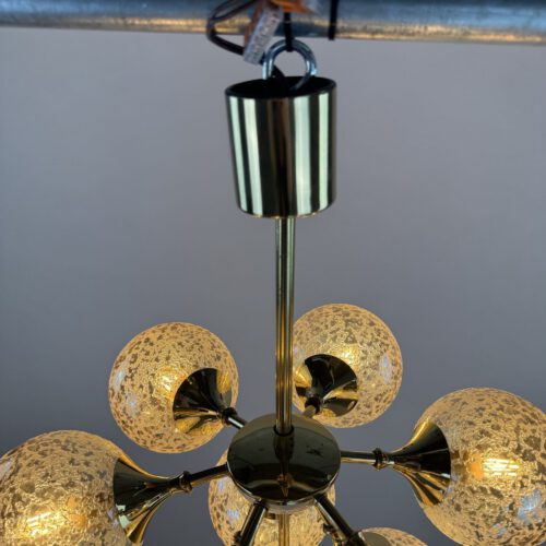 Stunning 1970s Brass & Amber Bubble Glass Chandelier – Space Age Elegance