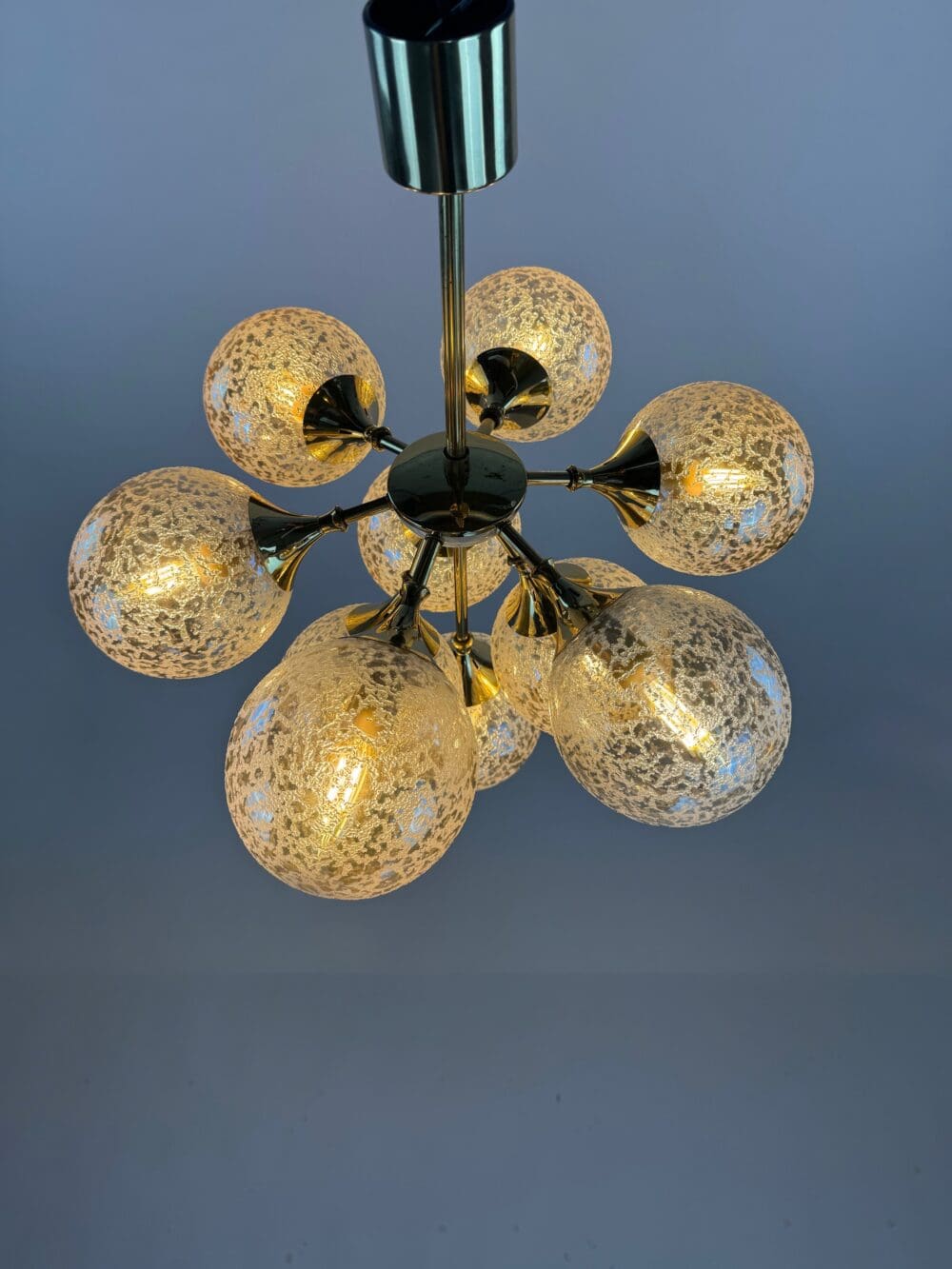 Stunning 1970s Brass & Amber Bubble Glass Chandelier – Space Age Elegance