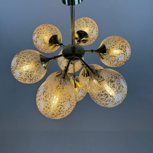 Stunning 1970s Brass & Amber Bubble Glass Chandelier – Space Age Elegance