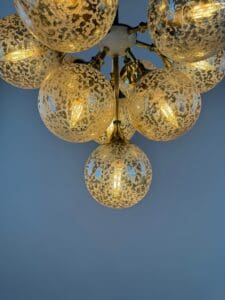 Stunning 1970s Brass & Amber Bubble Glass Chandelier – Space Age Elegance