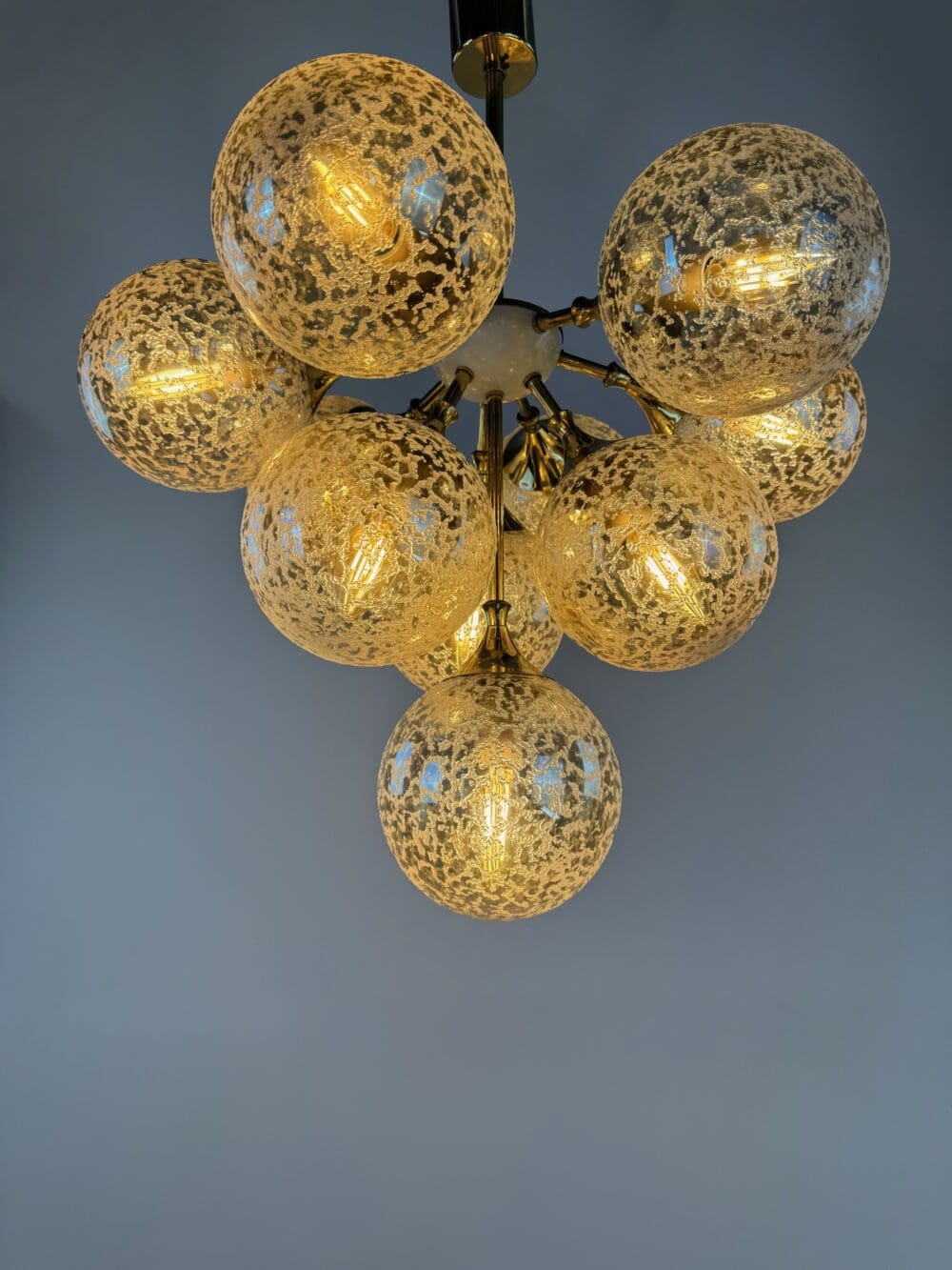 Stunning 1970s Brass & Amber Bubble Glass Chandelier – Space Age Elegance