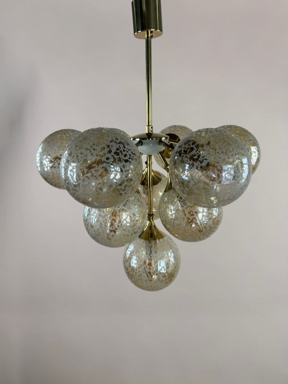 Stunning 1970s Brass & Amber Bubble Glass Chandelier – Space Age Elegance