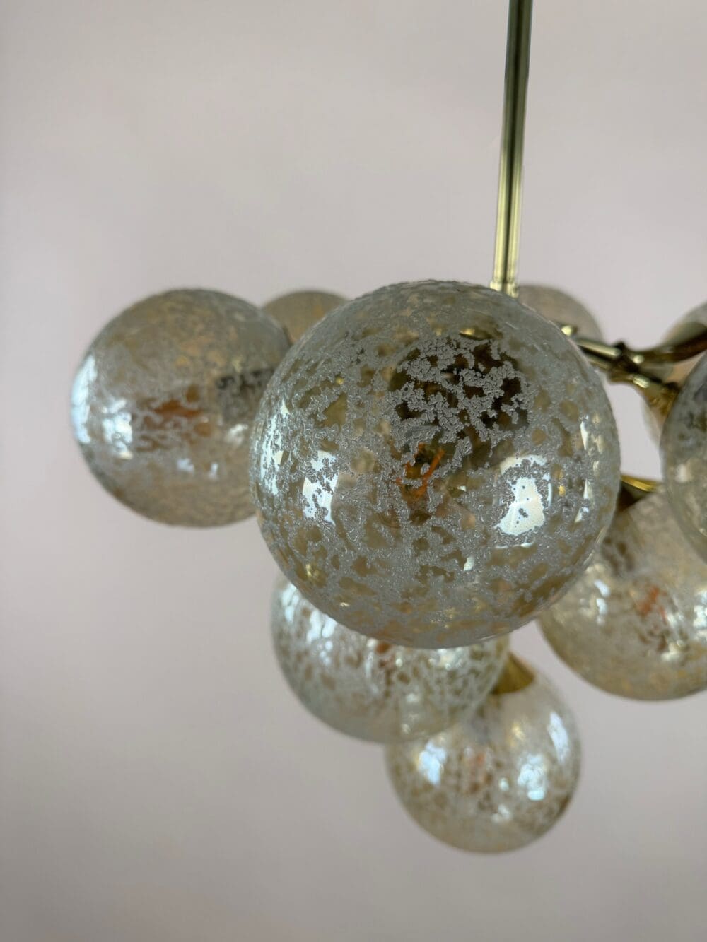 Stunning 1970s Brass & Amber Bubble Glass Chandelier – Space Age Elegance