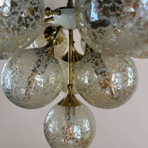 Stunning 1970s Brass & Amber Bubble Glass Chandelier – Space Age Elegance