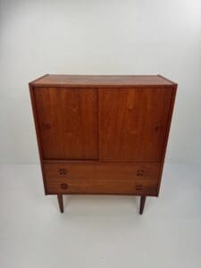 Danish Teak Wall Cabinet – Sliding Doors & Drawers Elegance
