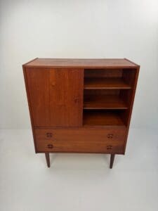 Danish Teak Wall Cabinet – Sliding Doors & Drawers Elegance