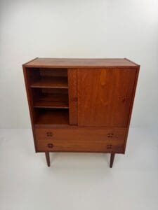 Danish Teak Wall Cabinet – Sliding Doors & Drawers Elegance