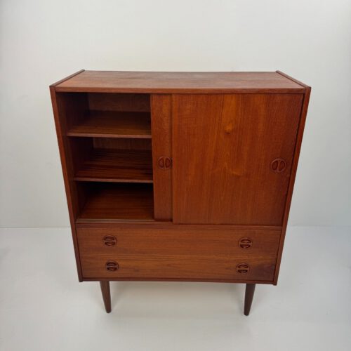 Danish Teak Wall Cabinet – Sliding Doors & Drawers Elegance
