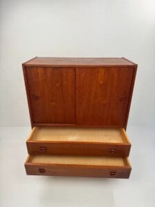 Danish Teak Wall Cabinet – Sliding Doors & Drawers Elegance