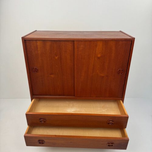 Danish Teak Wall Cabinet – Sliding Doors & Drawers Elegance