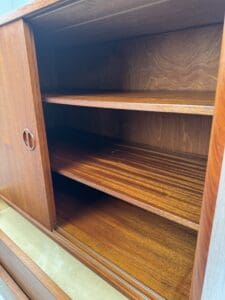 Danish Teak Wall Cabinet – Sliding Doors & Drawers Elegance