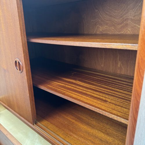 Danish Teak Wall Cabinet – Sliding Doors & Drawers Elegance
