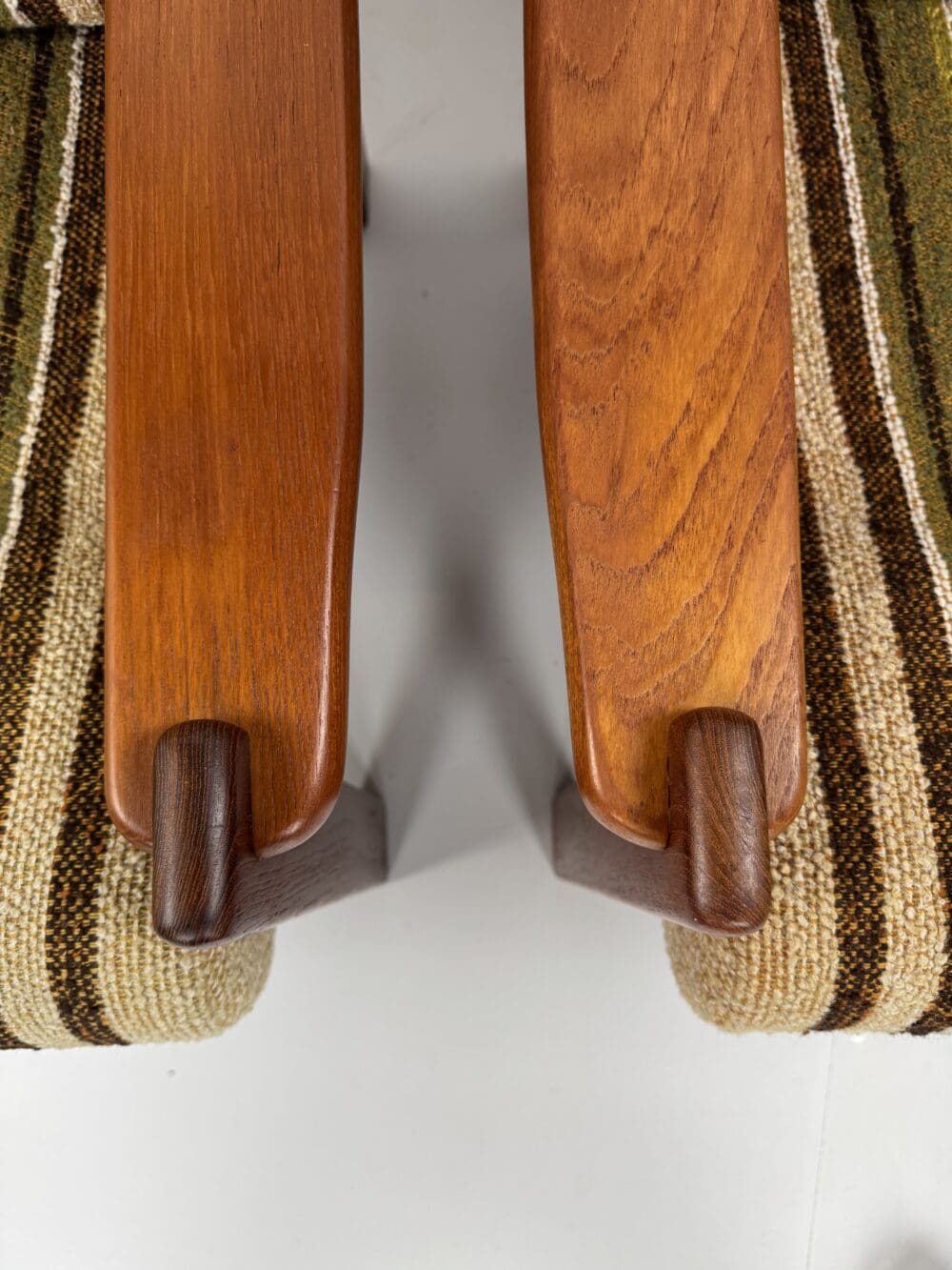 Pair of Danish easy chairs – teak frame with original striped upholstery