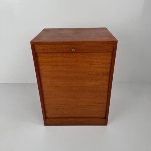 Vintage Danish Archive Cabinet with Tambour Door – Compact Teak Storage