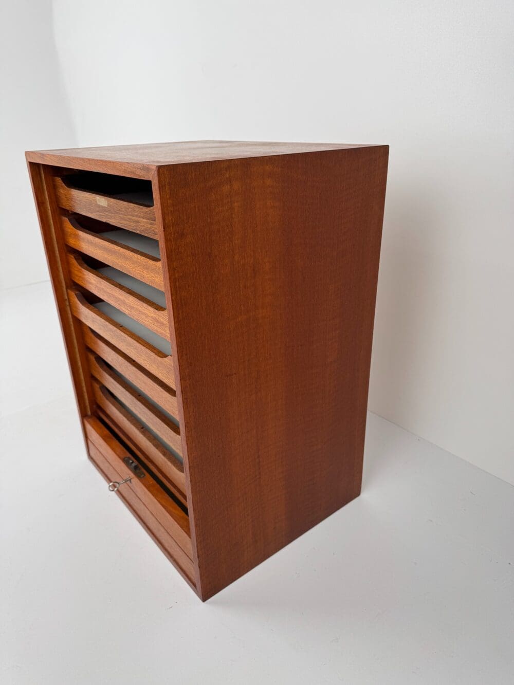 Vintage Danish Archive Cabinet with Tambour Door – Compact Teak Storage